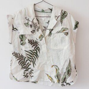 Anthropologie 100% Linen Utility Shirt, Tropical Print Cropped Relaxed Fit